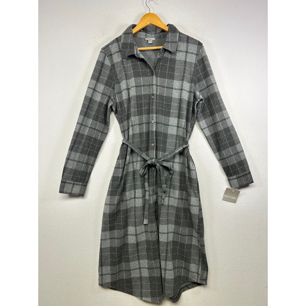 Preppy Academic Falls Creek Women Large Grey Plaid Knit Belted Shirt Dress NWT